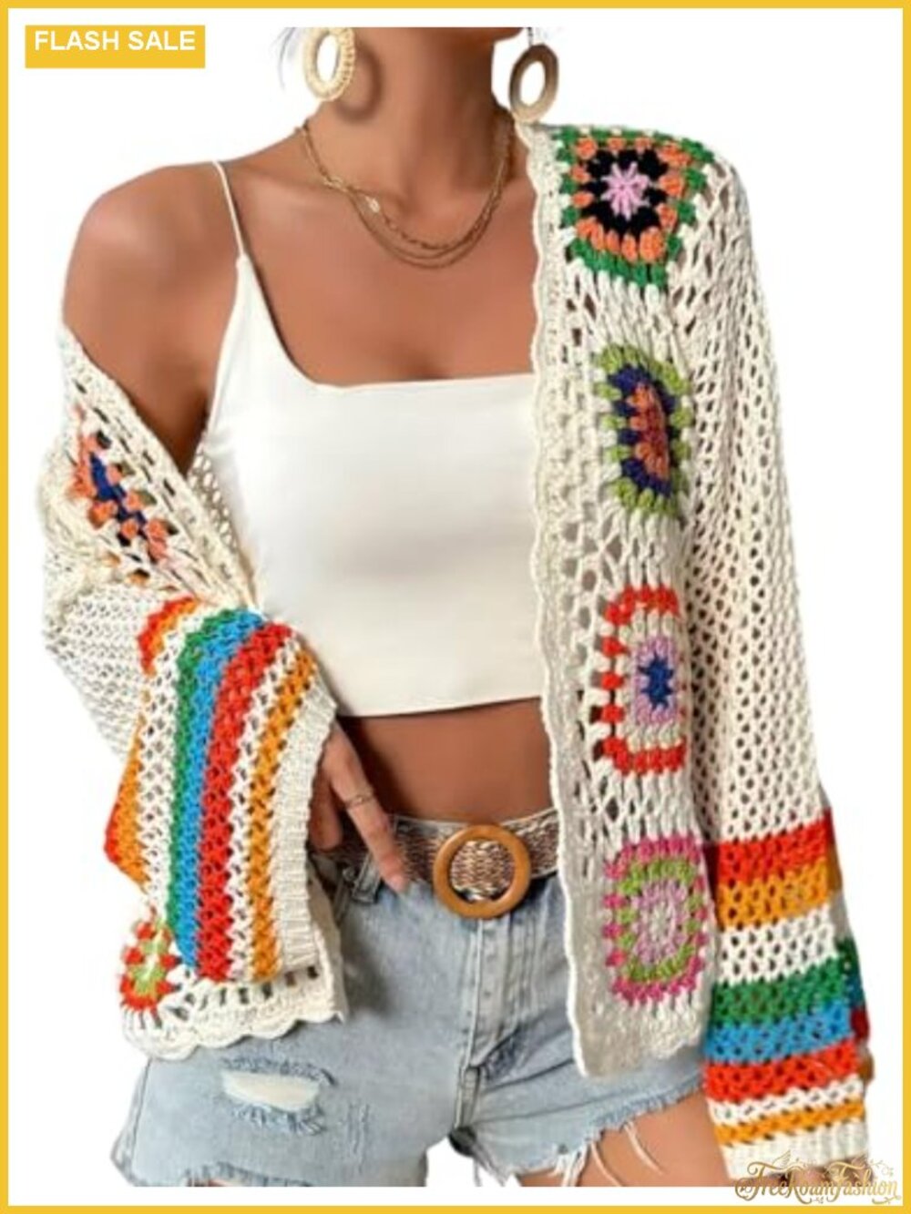 Boho Floral Crochet Cardigan Women Open Front Long Sleeve Lightweight Layering